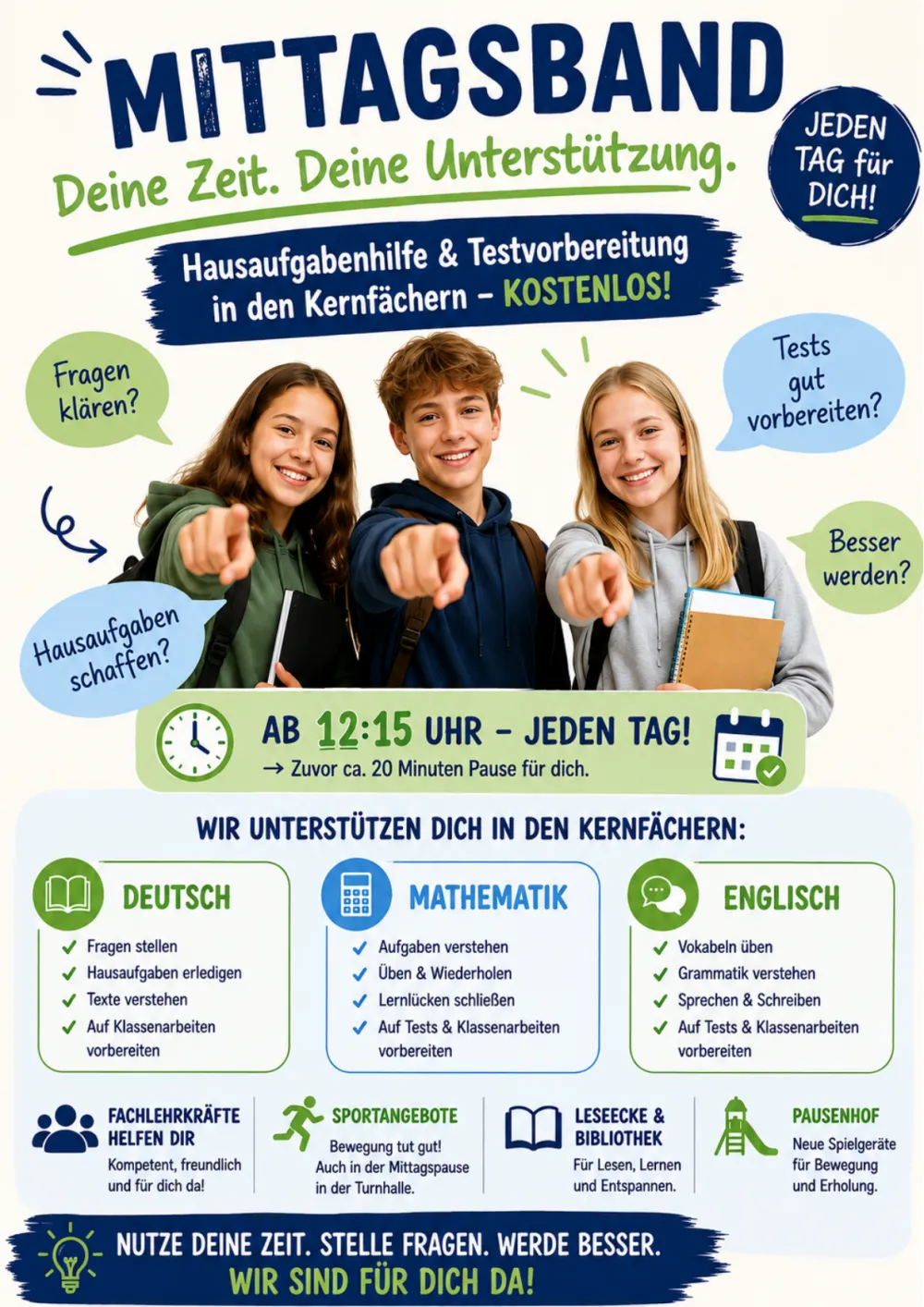 Plakat zum Mittagsband: Hausaufgabenhilfe und Testvorbereitung in Deutsch, Mathematik und Englisch, jeden Tag ab 12:15 Uhr, kostenlos