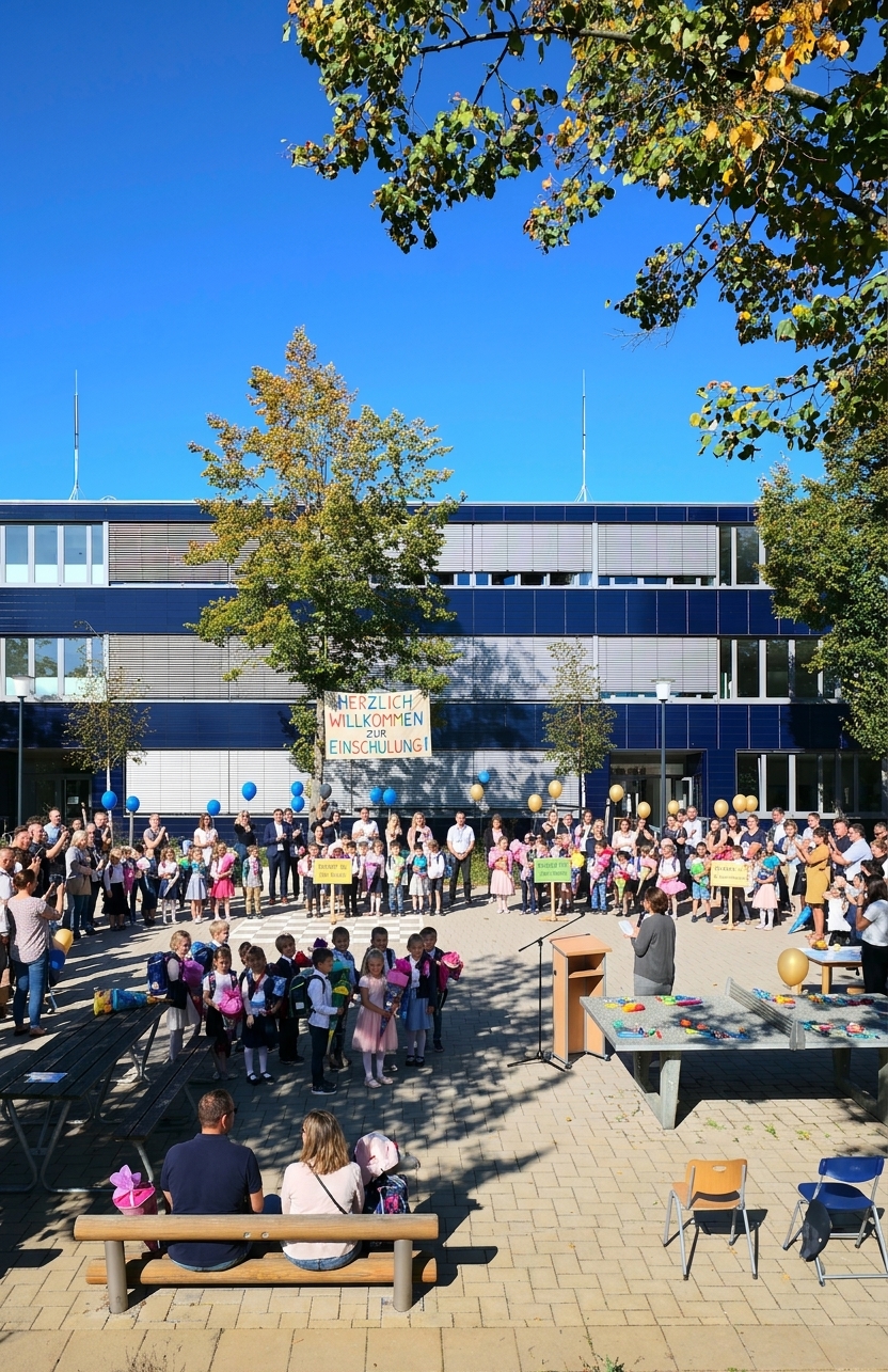 Einschulungsfeier auf dem Schulhof der Prinz-von-Homburg-Schule – Kinder mit Schultüten vor dem Schulgebäude