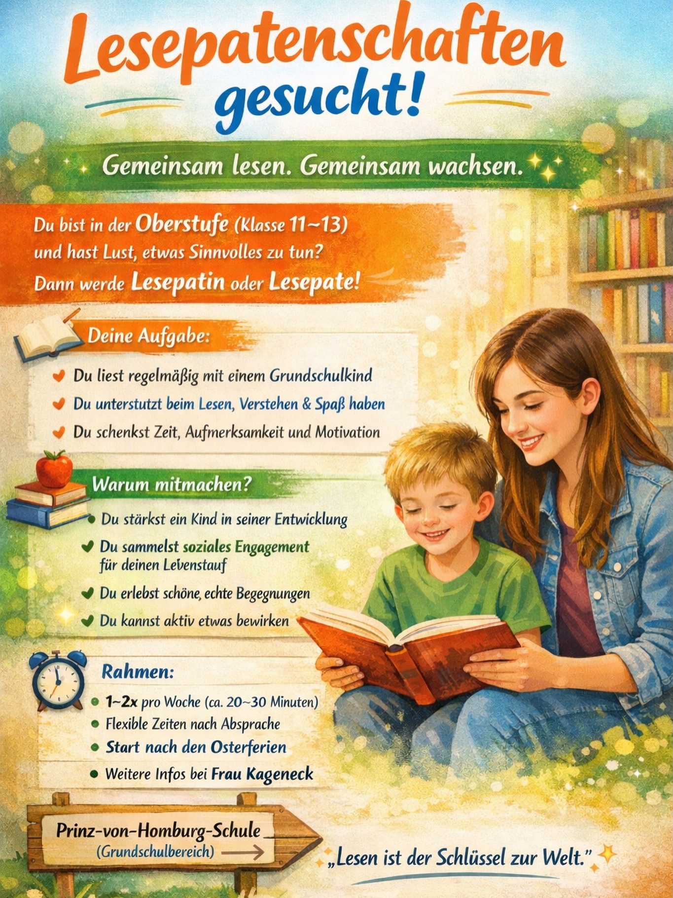 📚 Lesepatenschaften gesucht!
Gemeinsam lesen. Gemeinsam wachsen. 💛

Manchmal braucht es nicht viel, um Großes zu bewirke